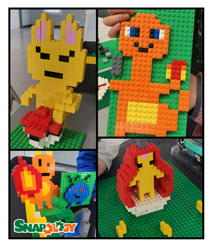 Lego Pokemon creations are set in different habitats with the Snapology logo on the bottom of the photo